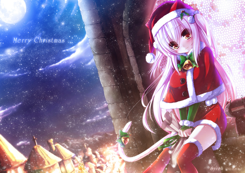 animal_ears cat cat_ears cat_tail christmas hat highres long_hair original pink_hair red_eyes sack santa_costume shia_flatpaddy solo syroh tail thighhighs
