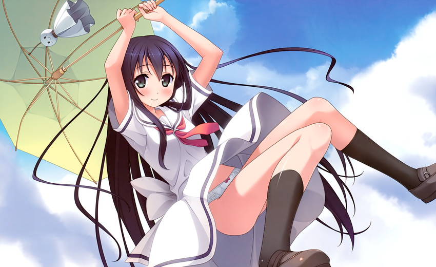 amesarasa black_hair chiyokawa_rin cuffs kantoku long_hair panties seifuku umbrella underwear