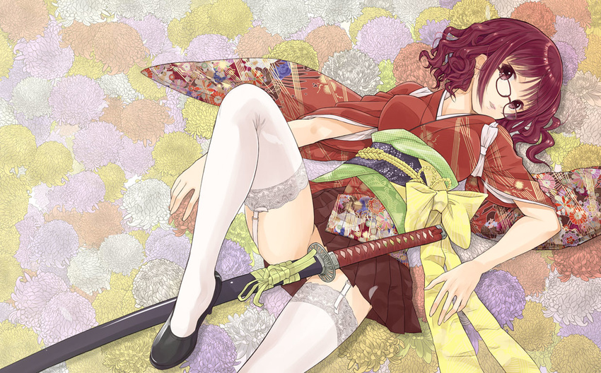 breasts covering covering_crotch floral_background garter_straps glasses japanese_clothes katana kazu kimono legs_folded long_legs lying medium_breasts obi on_back original pleated_skirt red-framed_eyewear red_eyes red_hair ribbon sash sheath sheathed shoes short_hair skirt solo sword thighhighs weapon white_legwear wide_sleeves