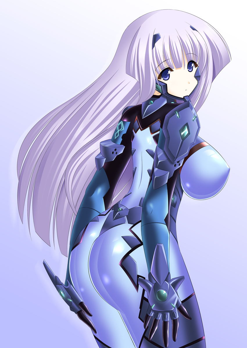 absurdres ass blue_eyes bodysuit breasts highres inia_sestina large_breasts lavender_hair long_hair looking_back muvluv muvluv_alternative muvluv_total_eclipse pilot_suit solo yakkey