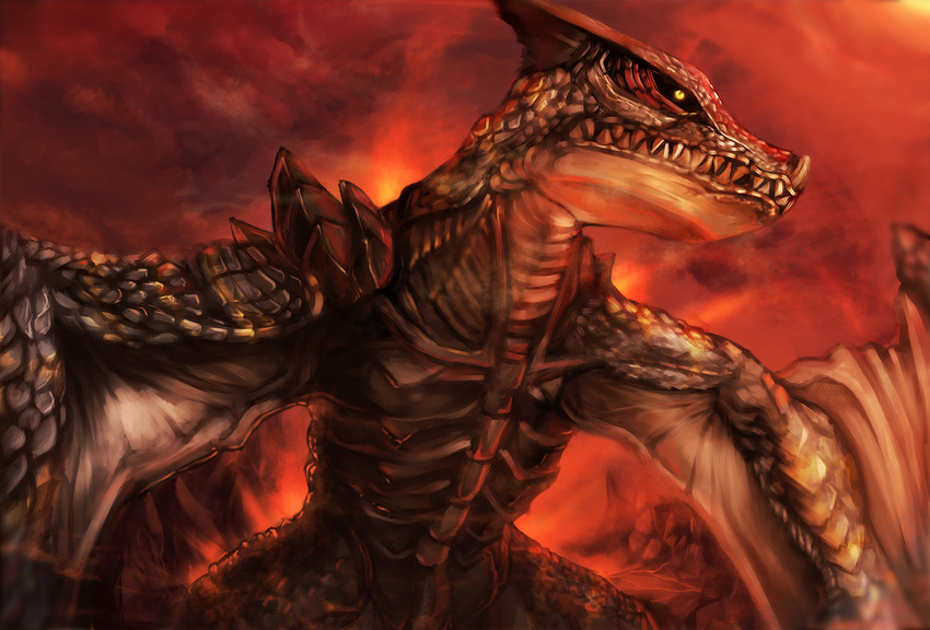 brute_tigrex dragon monster monster_hunter no_humans scales sharp_teeth teeth wings wyvern yellow_eyes yilx