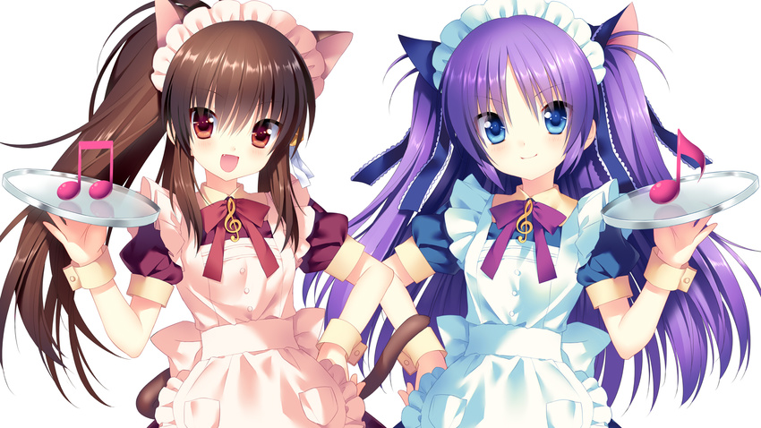 :d animal_ears apron bad_id bad_pixiv_id beamed_eighth_notes blue_eyes brown_eyes brown_hair cat_ears eighth_note fang highres kemonomimi_mode little_busters! long_hair looking_at_viewer maid maid_headdress multiple_girls musical_note natsume_rin open_mouth purple_hair sakura_neko sasasegawa_sasami sidelocks smile tray treble_clef two_side_up wallpaper wrist_cuffs