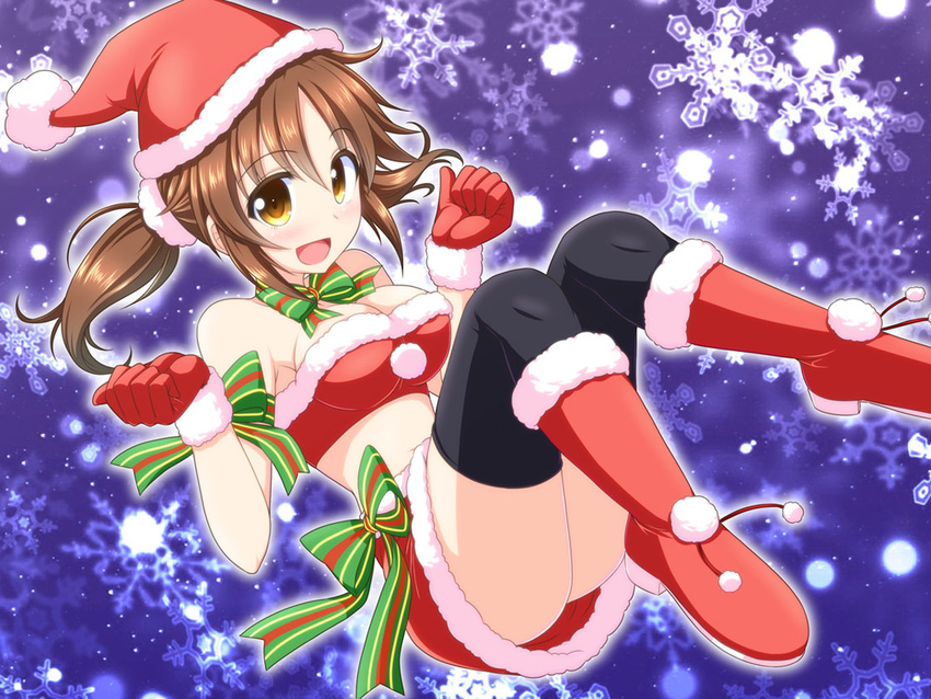 :d bikini_top black_legwear bococho boots breasts brown_hair cleavage hat idolmaster idolmaster_cinderella_girls legs medium_breasts open_mouth santa_costume santa_hat smile snowflakes solo thighhighs totoki_airi yellow_eyes