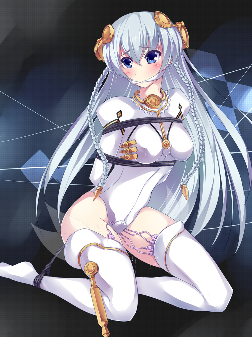 1girl ar_tonelico ar_tonelico_i ar_tonelico_ii arms_behind_back bangs bdsm blue_eyes blush bodysuit bondage bound bound_ankles bound_arms braid breast_bondage breasts crotch_plate erect_nipples frogtie full_body gagged groin hair_between_eyes hair_ornament headgear highleg highleg_leotard highres kneeling lace leotard long_hair looking_away maullarmaullar multiple_insertions pussy_juice pussy_juice_drip raised_eyebrows remote_control_vibrator rope see-through shurelia silver_hair solo thighhighs twin_braids very_long_hair vibrator vibrator_in_thighhighs vibrator_under_clothes white_legwear