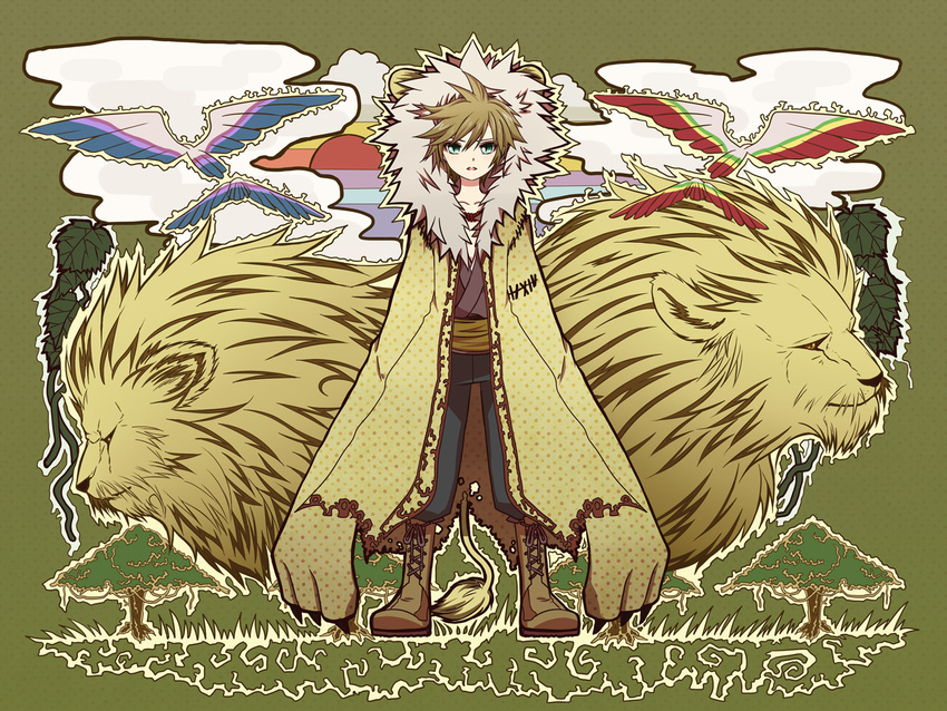 agi_(holic2007) animal bird blonde_hair clouds green_eyes kagamine_len tree vocaloid