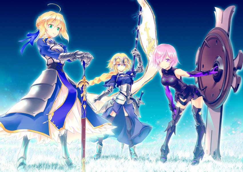 3girls ahoge armor armored_boots armored_dress armored_leotard artoria_pendragon_(all) banner bent_over black_legwear black_leotard blonde_hair blue_dress blue_eyes blue_ribbon blue_sky boots braid braided_ponytail breasts breasts_apart dress elbow_gloves eyebrows_visible_through_hair fate_(series) faulds full_body gauntlets gloves hair_over_one_eye hair_ribbon hand_on_own_knee hands_on_hilt headpiece holding holding_shield jeanne_d'arc_(fate) jeanne_d'arc_(fate)_(all) jeanne_d'arc_(fate) jeanne_d'arc_(fate)_(all) leotard long_hair looking_at_viewer mash_kyrielight medium_breasts multiple_girls noriccho! outdoors pink_eyes pink_hair pixiv_fate/grand_order_contest_2 purple_gloves ribbon saber sheath sheathed shield shiny shiny_hair short_hair single_braid sky standing sword thigh_boots thighhighs very_long_hair weapon