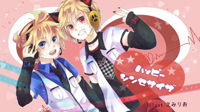 1girl 96neko bad_id bad_pixiv_id blonde_hair blue_eyes gomano_rio happy_synthesizer_(vocaloid) headphones headset kagamine_len niconico red_eyes vocaloid