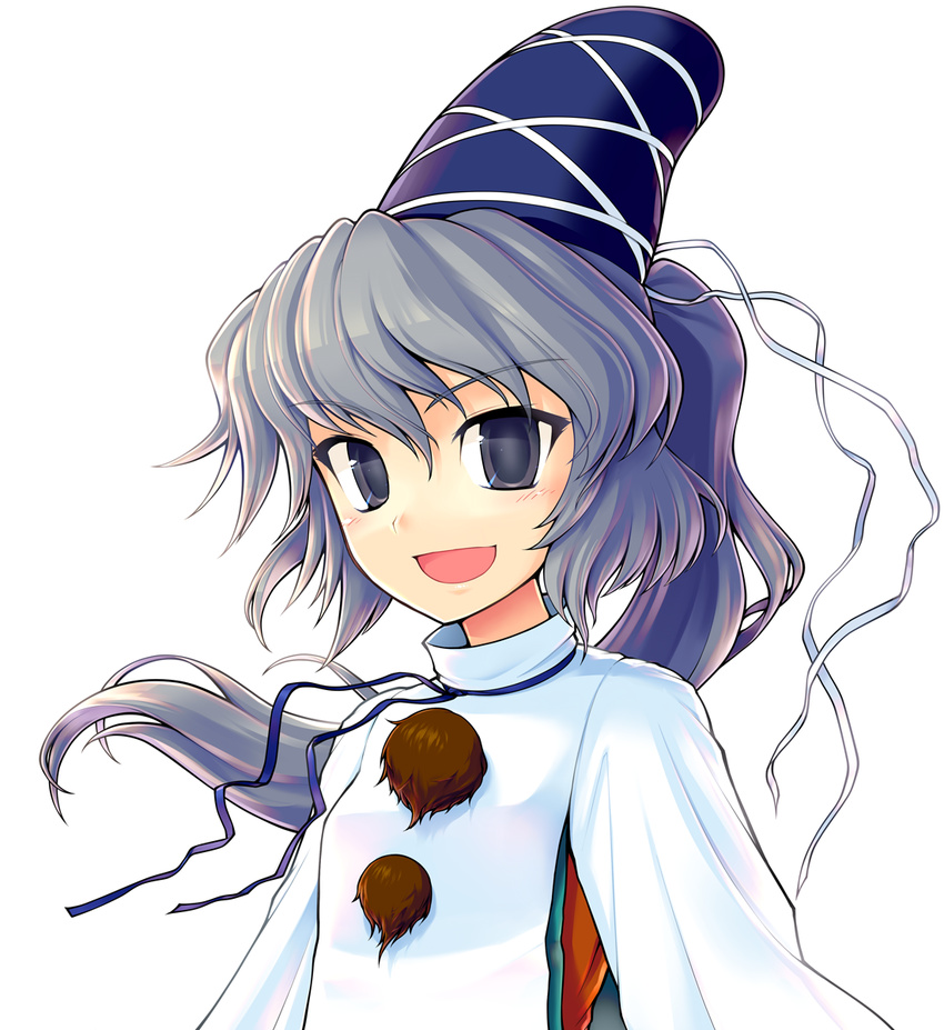 commentary_request ebizome grey_eyes grey_hair hat highres japanese_clothes kariginu long_sleeves looking_at_viewer mononobe_no_futo ponytail simple_background smile solo tate_eboshi touhou