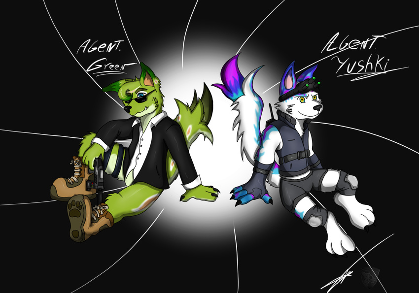 agent_green agent_yushki anthro blue_eyes canine clothing color color_fur dog dragozard duo fur gloves green_fur gun husky male mammal multicolor_fur pants pistol ranged_weapon shirt shoes team two weapon white_fur yushki