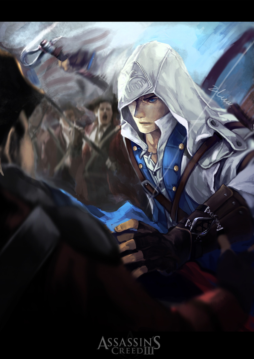 assassin's_creed_(series) assassin's_creed_iii bad_id bad_pixiv_id blue_eyes bow_(weapon) connor_kenway copyright_name empire:_total_war fingerless_gloves gloves hat highres hood horse realistic tricorne vambraces weapon when_you_see_it zluu