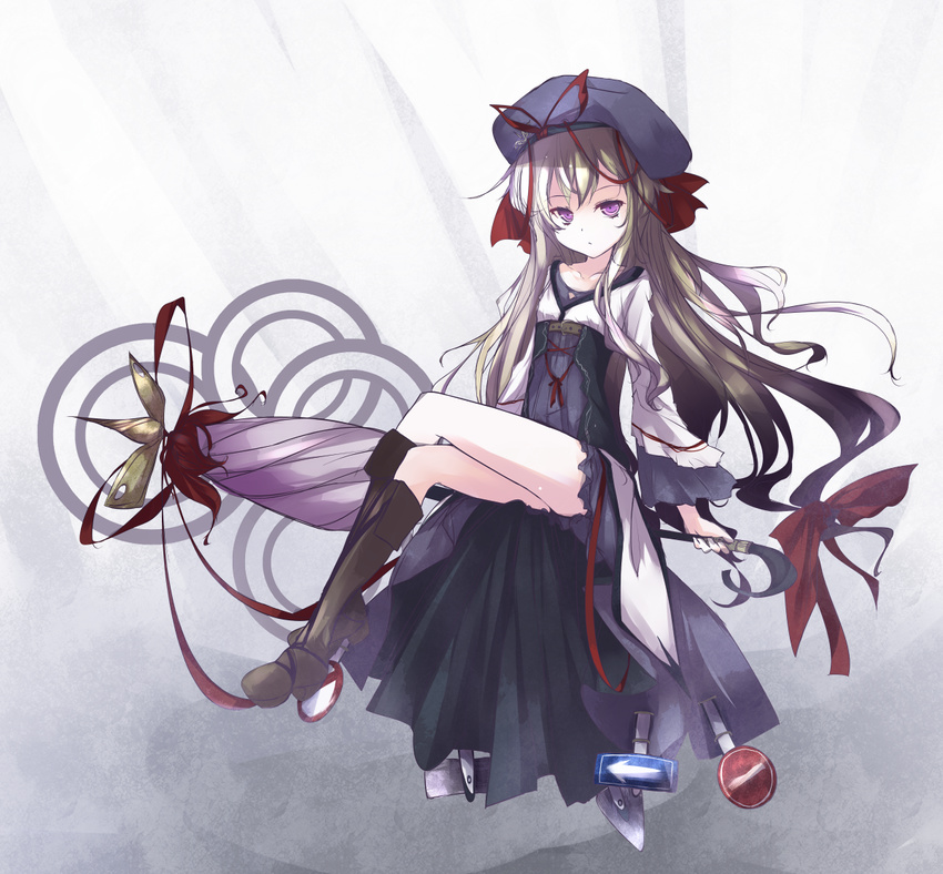 alternate_costume bad_id bad_pixiv_id blonde_hair boots dress hair_ribbon hat hat_ribbon knee_boots long_hair long_sleeves looking_at_viewer loxodon purple_dress purple_eyes ribbon road_sign sign sitting solo touhou tress_ribbon umbrella very_long_hair wide_sleeves yakumo_yukari