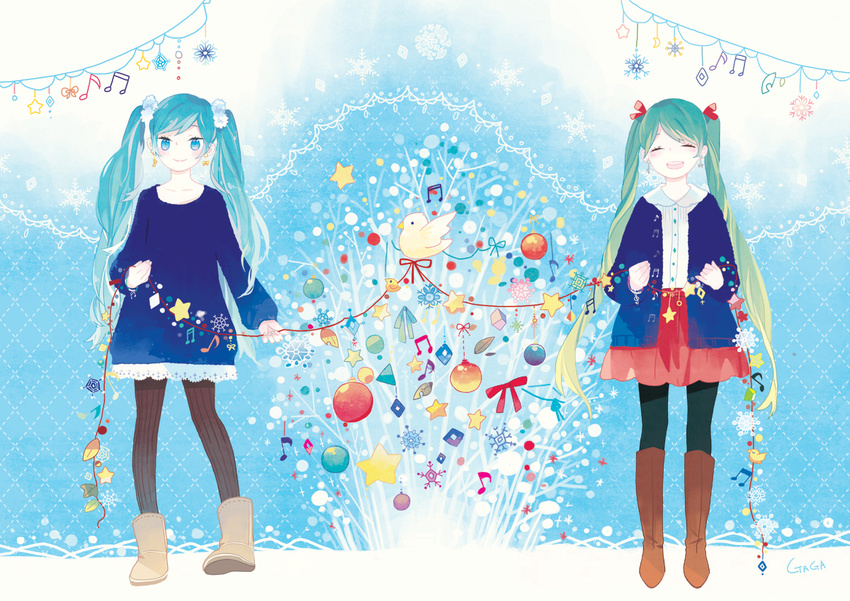 aqua_eyes aqua_hair bird boots christmas closed_eyes earrings green_hair hatsune_miku jewelry knee_boots long_hair mig_(36th_underground) multiple_girls musical_note open_mouth pantyhose skirt striped striped_legwear twintails vertical-striped_legwear vertical_stripes very_long_hair vocaloid