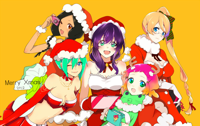 amy26 antlers aquarion_(series) aquarion_evol bad_id bad_pixiv_id bare_shoulders blue_eyes braid breasts brown_eyes camera christmas gift gradient_hair green_hair hat looking_at_viewer medium_breasts midriff mix_(aquarion) multicolored_hair multiple_girls navel orange_hair purple_eyes reindeer_antlers ribbon santa_costume santa_hat sazanka_bianca short_hair skirt stuffed_toy tama_(aquarion) twin_braids twintails yunoha_thrul zessica_wong