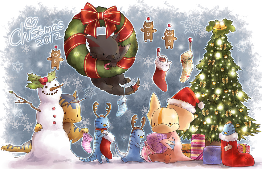 antlers bell box branch chibi christmas christmas_lights christmas_ornaments christmas_stocking christmas_tree collar gift gift_box giggi gingerbread_man hat holly jingle_bell khezu_whelp monster monster_hunter nargacuga no_humans open_mouth reindeer_antlers santa_hat snowflakes snowman tail tigrex velociprey wreath yakiudon yian_kut-ku