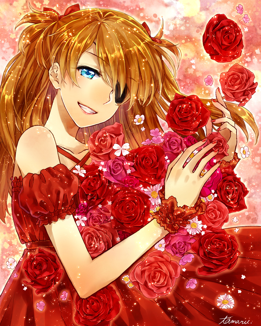 bare_shoulders blue_eyes bow brown_hair dress evangelion:_3.0_you_can_(not)_redo flower grin hair_bow highres long_hair nail_polish neon_genesis_evangelion rebuild_of_evangelion red_dress shikinami_asuka_langley signature smile solo souryuu_asuka_langley tamaru wrist_cuffs