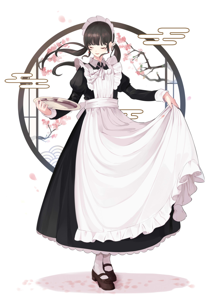 1girl absurdres apron bangs black_dress black_hair brown_footwear cherry_blossoms dress egasumi eyes_closed floating_hair flower frilled_apron frills full_body hair_flower hair_ornament highres holding holding_tray juliet_sleeves long_dress long_hair long_sleeves low_twintails maid_apron maid_headdress mary_janes neck_ribbon original parted_lips puffy_sleeves ribbon shadow shii_(kairi-t-k0317) shoes sidelocks skirt_hold smile solo standing tray tree_branch twintails victorian_maid white_apron white_background white_flower white_legwear white_neckwear