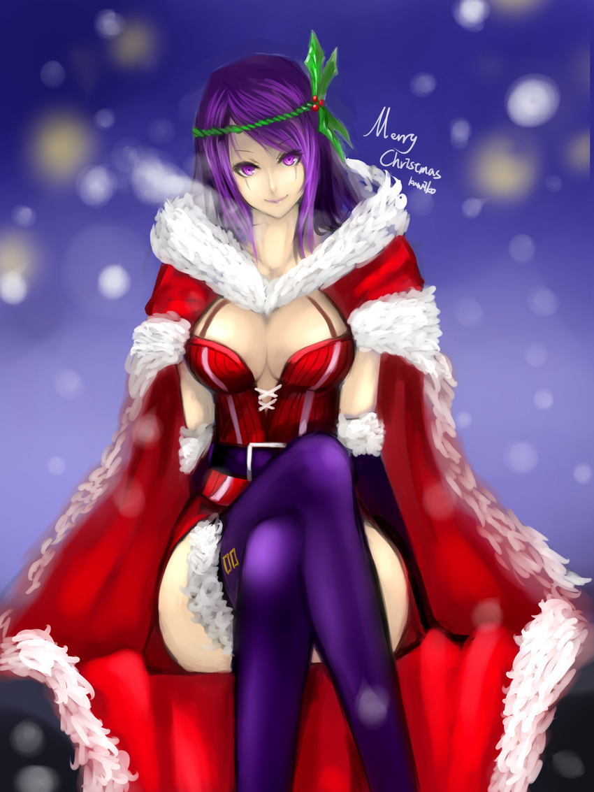 bangs belt boots breasts breath cape christmas cleavage corset crossed_legs elbow_gloves emilia_leblanc fur_trim gloves headband highres kumiko_shiba large_breasts league_of_legends long_hair merry_christmas purple_eyes purple_hair purple_legwear santa_costume sitting smile solo swept_bangs thigh_boots thighhighs