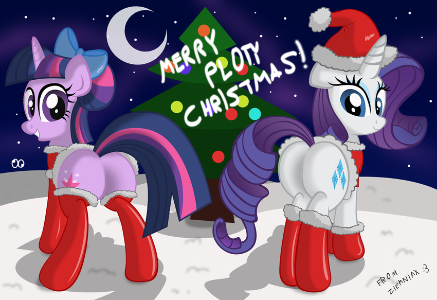 clothing cutie_mark duo english_text equine female feral friendship_is_magic fur grin hair hat holidays horn horse legwear looking_at_viewer mammal moon multi-colored_hair my_little_pony night outside presenting purple_fur purple_hair rarity_(mlp) santa_hat shadow snow stockings text tree twilight_sparkle_(mlp) unicorn white_fur ziemniax