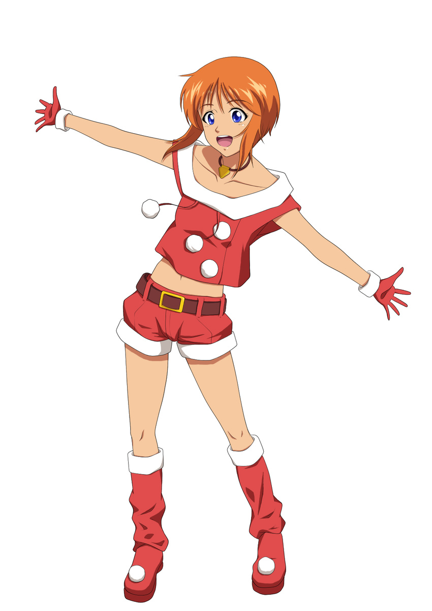 blue_eyes boots choker collarbone elpeo_puru full_body gundam gundam_zz highres midriff navel open_mouth orange_hair santa_costume short_hair shorts simple_background solo standing white_background zod!ac