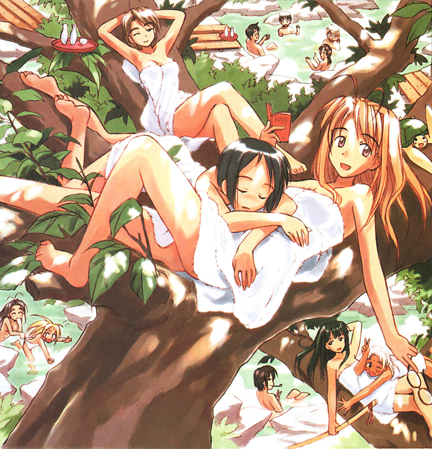 6+girls ahoge akamatsu_ken alcohol aoyama_motoko artbook barefoot bathing bindi black_hair blonde_hair blush_stickers breasts brown_eyes brown_hair cleavage crossed_legs dark_skin everyone eyewear_removed glasses haitani_masayuki highres holding holding_eyewear in_tree kaolla_su katana konno_mitsune large_breasts long_hair love_hina lying_on_person maehara_shinobu multiple_boys multiple_girls naked_towel narusegawa_naru noriyasu_seta nude official_art one-piece_swimsuit one_eye_closed onsen otohime_mutsumi pipe ponytail reading sake sarah_mcdougal scan sheath sheathed shirai_kimiaki short_hair sitting sleeping swimsuit swimsuit_tug sword tama_(love_hina) tokkuri towel tree turtle urashima_haruka urashima_keitarou v weapon