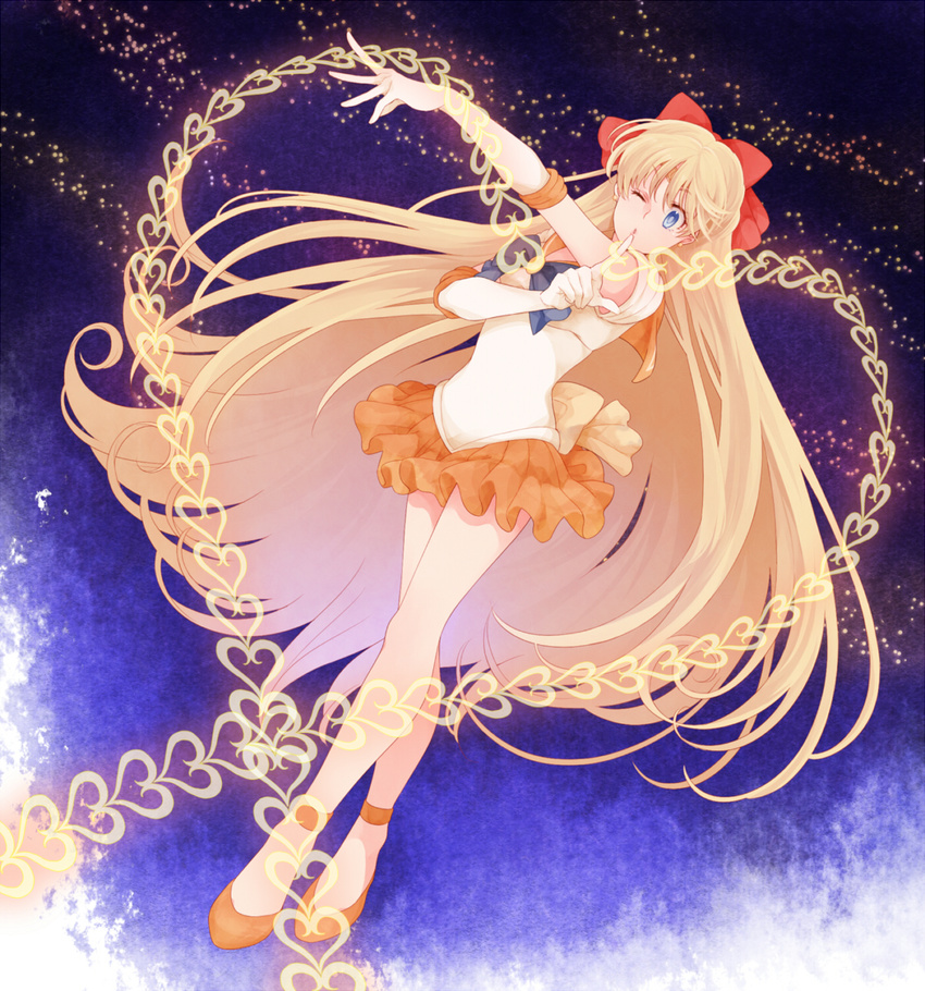 abstract_background aino_minako back_bow bad_id bad_pixiv_id bishoujo_senshi_sailor_moon blonde_hair blue_eyes bow chain dutch_angle earrings elbow_gloves finger_to_mouth gloves hair_bow highres jewelry komasawa_(fmn-ppp) long_hair magical_girl one_eye_closed orange_sailor_collar orange_skirt red_bow sailor_collar sailor_senshi_uniform sailor_venus skirt solo standing strappy_heels tiara venus_love_me_chain white_gloves