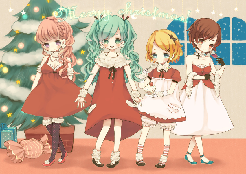 asahi_(pamuko) blonde_hair brown_eyes brown_hair christmas christmas_tree dress eating gloves green_eyes green_hair hair_ornament hairclip hatsune_miku kagamine_rin long_hair megurine_luka meiko merry_christmas multiple_girls pink_eyes pink_hair short_hair socks thighhighs twintails vocaloid