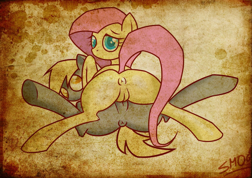 butt derpy_hooves_(mlp) duo equine female feral fluttershy_(mlp) friendship_is_magic horse lesbian looking_at_viewer looking_back lying mammal my_little_pony nude on_back pony pussy sex spread_legs spreading tribadism unknownclement