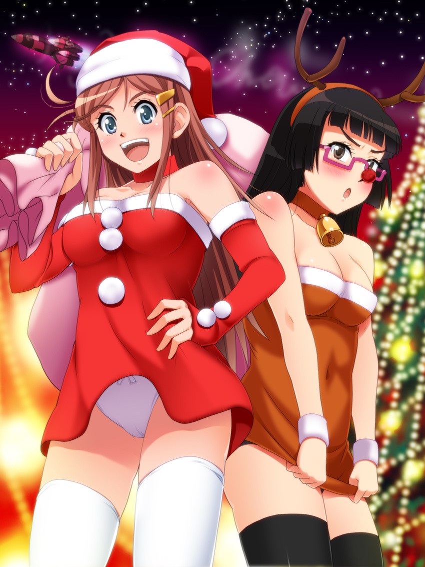 ahoge animal_costume antlers bad_id bad_pixiv_id bell bell_collar black_hair blue_eyes blush breasts brown_eyes chiaki_kurihara christmas cleavage collar covered_navel glasses grin hair_ornament hairclip hand_on_hip hat highres katou_marika large_breasts long_hair miniskirt_pirates multiple_girls panties pantyshot pink_hair poncho_s red_nose reindeer_antlers reindeer_costume sack santa_costume santa_hat semi-rimless_eyewear skirt_hold smile space_craft star thighhighs under-rim_eyewear underwear upskirt