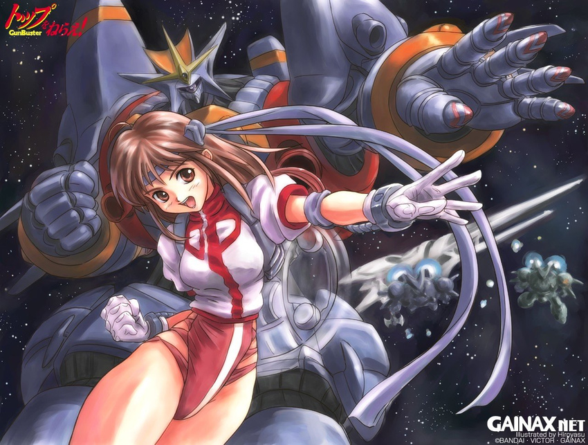 blue_headband breasts brown_eyes brown_hair clenched_hand gunbuster headband hiroyasu large_breasts mecha pose solo space takaya_noriko top_wo_nerae!