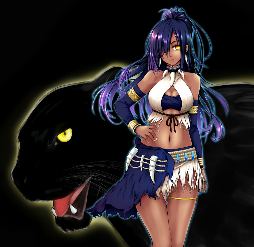 animal armlet bad_id bad_pixiv_id bare_shoulders black_panther bracelet breasts choker cleavage dark_skin detached_sleeves earrings frown hair_over_one_eye high_ponytail highres jewelry long_hair mabinogi medium_breasts midriff necklace panther purple_hair shamala solo thigh_strap umxzo yellow_eyes