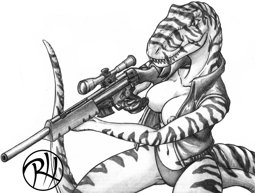 breasts dinosaur female plain_background predaguy psg-1 ranged_weapon scalie sniper solo theropod topless tyrannosaurus_rex weapon