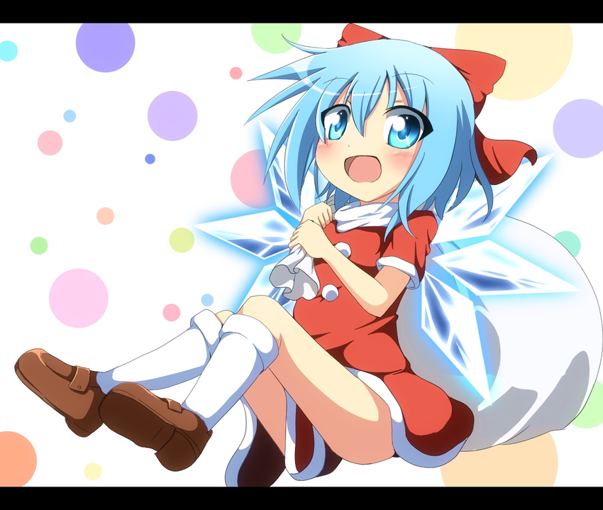 alternate_costume blue_eyes blue_hair blush cirno do_(4-rt) hair_ribbon letterboxed mary_janes open_mouth red_skirt ribbon sack santa_costume shoes skirt socks solo touhou wings