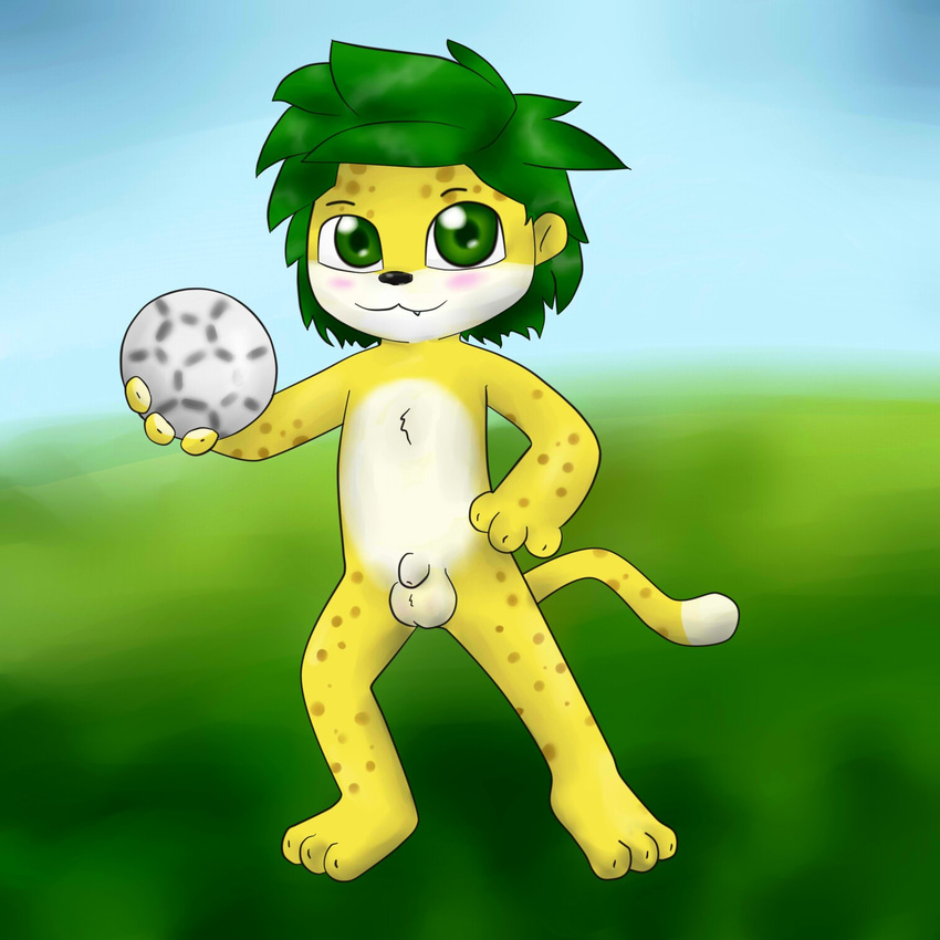 anthro balls blush claws cub cute feline fifa flaccid football fur green_eyes green_hair hair leopard looking_at_viewer male mammal mascot nude paws penis plain_background smile soccer solo south_africa world_cup yellow_fur young zakumi zekromlover