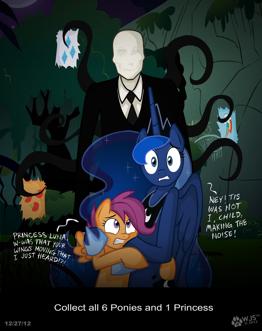 blue_hair clothing cub cutie_mark dialog dialogue english_text equine fear female feral friendship_is_magic hair horn horse long_hair looking_at_viewer male mammal my_little_pony pegasus pony princess_luna_(mlp) purple_eyes purple_hair scootaloo_(mlp) slenderman suit text winged_unicorn wings wolfjedisamuel young