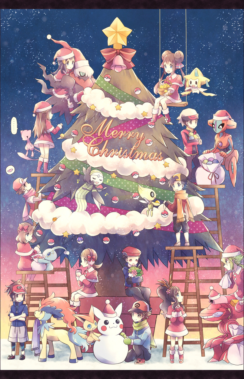 6+boys 6+girls alternate_color backwards_hat bad_id bad_pixiv_id baseball_cap black_hair blue_(pokemon) bow brown_hair celebi christmas christmas_tree darkrai deoxys earmuffs gen_1_pokemon gen_2_pokemon gen_3_pokemon gen_4_pokemon gen_5_pokemon genesect gloves gold_(pokemon) green_hair hair_bow haruka_(pokemon) hat highres hikari_(pokemon) holding jirachi kabocha_torute keldeo kotone_(pokemon) kouki_(pokemon) kyouhei_(pokemon) legendary_pokemon manaphy master_ball mei_(pokemon) meloetta merry_christmas mew multiple_boys multiple_girls music musical_note n_(pokemon) pikachu poke_ball poke_ball_(generic) poke_ball_theme pokemon pokemon_(creature) pokemon_(game) pokemon_bw pokemon_bw2 pokemon_dppt pokemon_frlg pokemon_hgss pokemon_rse red_(pokemon) red_(pokemon_frlg) sack santa_costume santa_hat scarf shadow shaymin shiny_pokemon singing spoken_panties touko_(pokemon) touya_(pokemon) victini visor_cap yuuki_(pokemon)