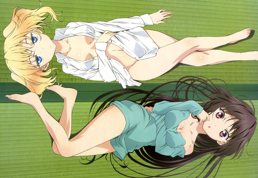 absurdres barefoot blonde_hair blue_eyes bottomless breasts brown_hair cleavage dress_shirt groin highres himenokouji_akiko legs long_hair long_legs lying medium_breasts multiple_girls naked_shirt nasuhara_anastasia no_bra no_panties nyantype official_art on_back onii-chan_dakedo_ai_sae_areba_kankeinai_yo_ne purple_eyes scan shimizu_sorato shirt short_hair tatami very_long_hair