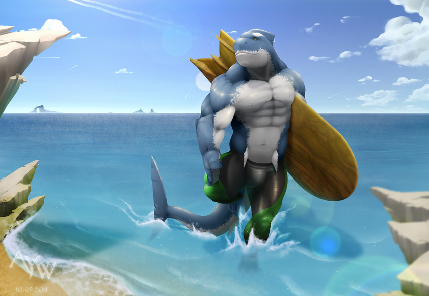 anthro aquatic ayndrew beach biceps blue_skin bodybuilder bulge cetacean cliffs clothed clothing fins fish half-dressed invalid_tag male marine muscles navel nipples orca pants pecs pose quads reflection scales sea seaside shark shiny solo splash standing surfboard surfing swimsuit tailfins thighs tight_clothing topless walking water wave waves wet white_skin yellow_eyes