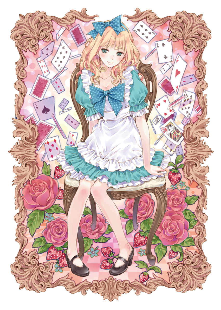 absurdres alice_(wonderland) alice_in_wonderland apron blonde_hair bow breasts card cleavage falling_card floating_card flower food fruit hair_bow high_heels highres kishida_mel mary_janes medium_breasts playing_card polka_dot purple_card red_flower red_rose rose shoes smile solo strawberry