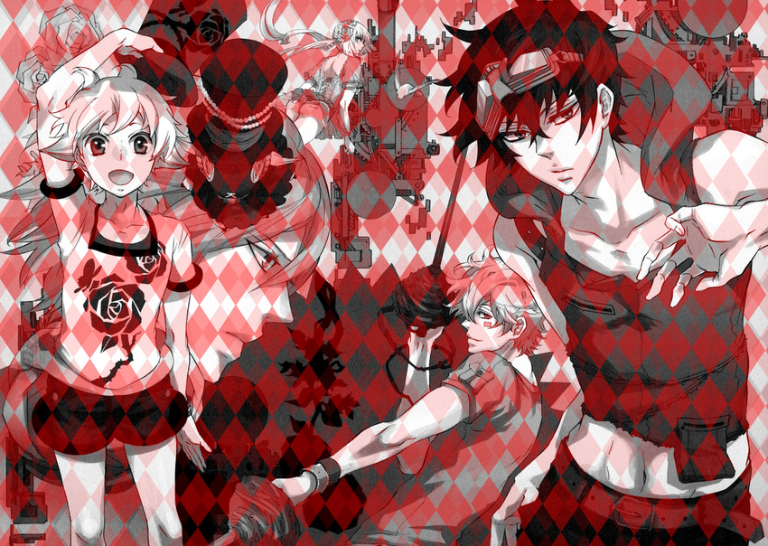 4boys argyle argyle_background bracelet butterfly_print gareki gareki_(karneval) goggles harlequin_(pattern) hat hood jewelry karneval midriff monochrome multiple_boys nai nai_(karneval) plant robot rose_print sheep sleeveless spot_color sword thorns top_hat tsukumo_(karneval) twintails vines weapon yogi