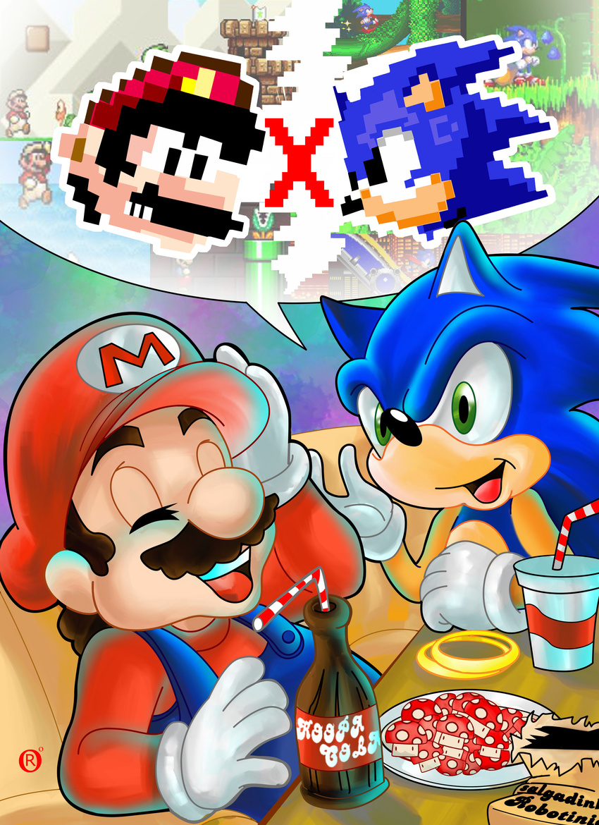 2boys absurdres alternate_color bag cap castle crossover drink drinks eyes_closed facial_hair fire_mario food grass green_eyes hand_on_head hat highres jewelry koopa_troopa laughing male male_focus mario mario_(series) miles_prower multiple_boys mushroom mustache nintendo piranha_plant plant ring rings rivals sega sonic sonic_the_hedgehog speech_bubble sprites super_mario_bros. suspenders warp_pipe