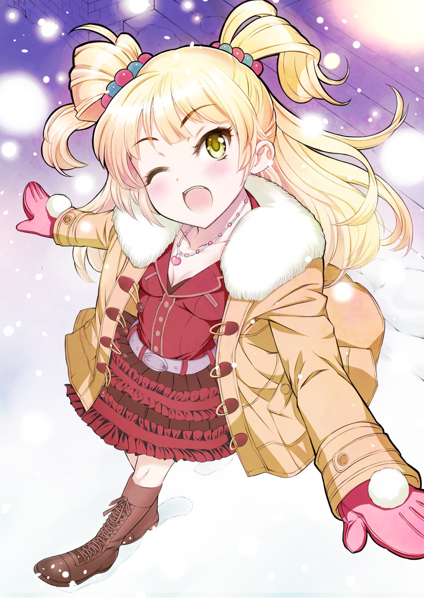 ;d bad_id bad_pixiv_id blonde_hair blush coat eyelashes hekiten highres idolmaster idolmaster_cinderella_girls jougasaki_rika long_hair mittens one_eye_closed open_mouth outstretched_arms skirt smile snow solo spread_arms two_side_up yellow_eyes