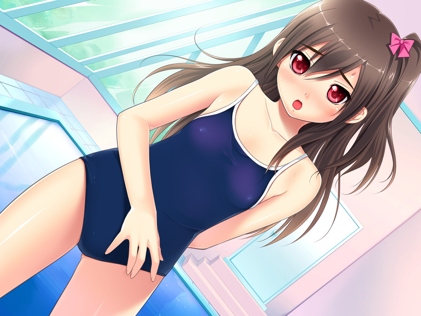 blush brown_hair game_cg hanano_misaki nonohara_miki pool red_eyes school_swimsuit swimsuit tonari_no_puu-san