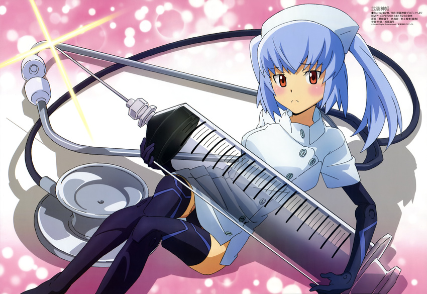 :&lt; absurdres alternate_costume bangs black_gloves black_legwear blue_hair blush busou_shinki buttons doll_joints dress elbow_gloves frown glint gloves gradient gradient_background hat highres hina_(busou_shinki) holding large_syringe leotard light_particles megami minigirl non-web_source nozaki_atsuko nurse official_art orange_eyes oversized_object reclining scan shadow short_dress short_hair short_sleeves side_slit solo stethoscope strarf strarf_mk2 syringe thighhighs transparent turtleneck two_side_up white_dress