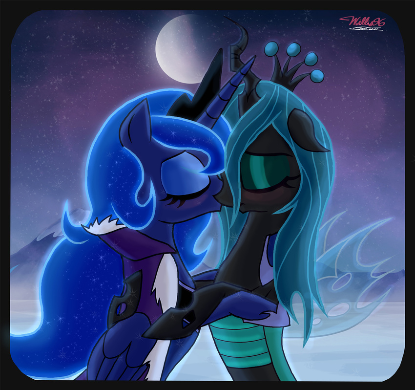 blush changeling cool_colors duo equine eyes_closed female feral friendship_is_magic green_hair hair holes horn horse hug kissing lesbian long_hair mammal moon mountain my_little_pony night outside pony princess_luna_(mlp) queen_chrysalis_(mlp) robe snow sparkles stars willis96 winged_unicorn wings