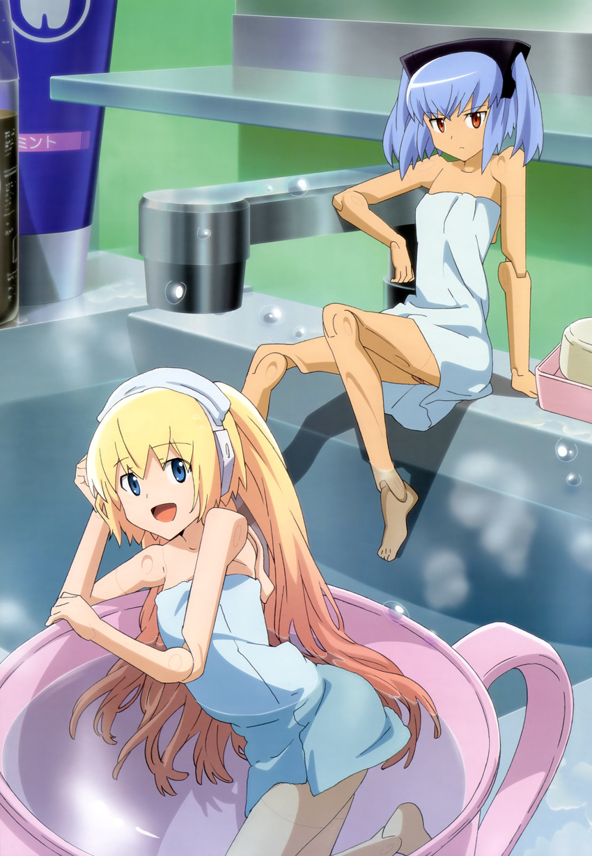 &gt;:( :d absurdres ann_(busou_shinki) arm_support arnval arnval_mk2 bangs bar_soap barefoot bathing bathroom blonde_hair blue_eyes blue_hair bottle breasts busou_shinki cup doll_joints faucet feet frown gradient_hair hand_on_own_head headdress headphones highres hina_(busou_shinki) in_container in_cup legs long_hair minigirl mirror multicolored_hair multiple_girls naked_towel non-web_source nozaki_atsuko nyantype official_art open_mouth orange_eyes orange_hair partially_submerged pout reclining scan short_hair short_twintails sink sitting small_breasts smile soaking_feet standing steam strarf strarf_mk2 tan teacup towel towel_on_head tray twintails v-shaped_eyebrows very_long_hair water