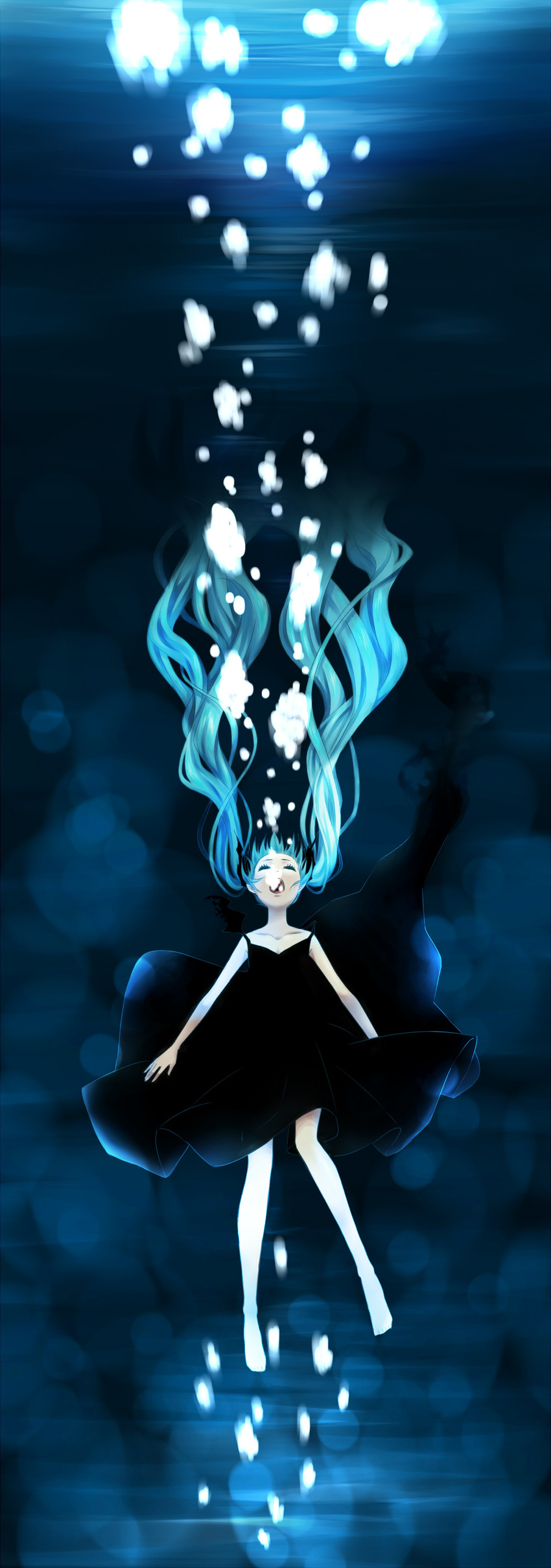 absurdres air_bubble aqua_hair asphyxiation bare_shoulders barefoot black_dress breath bubble bubble_blowing closed_eyes collarbone dress drowning floating_hair hatsune_miku highres long_hair looking_up open_mouth rindo shinkai_shoujo_(vocaloid) solo submerged twintails underwater very_long_hair vocaloid water
