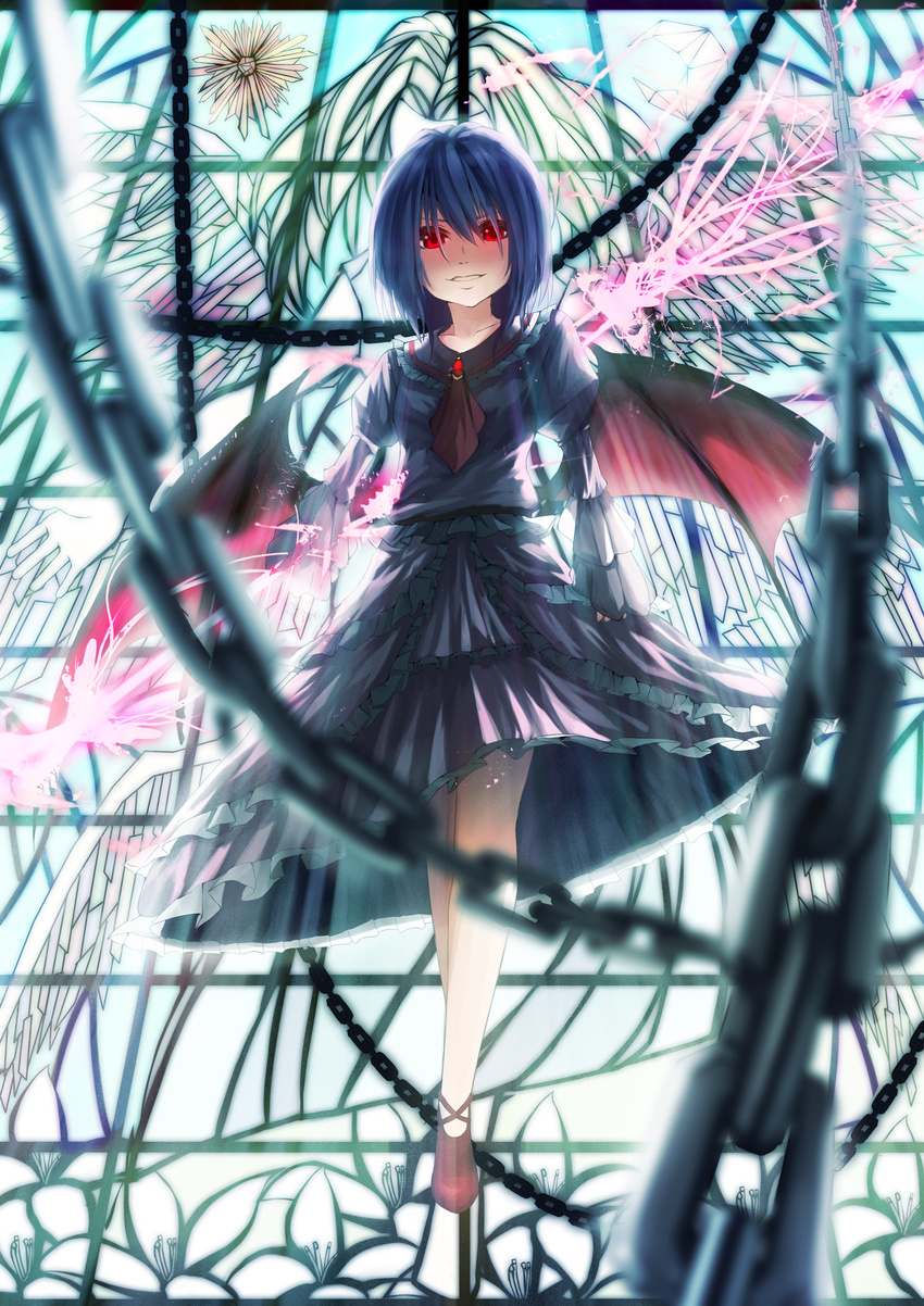 absurdres bat_wings blue_hair canae0 chain dress glowing glowing_eyes grin highres long_sleeves no_hat no_headwear red_eyes remilia_scarlet short_hair smile solo spear_the_gungnir stained_glass touhou wings