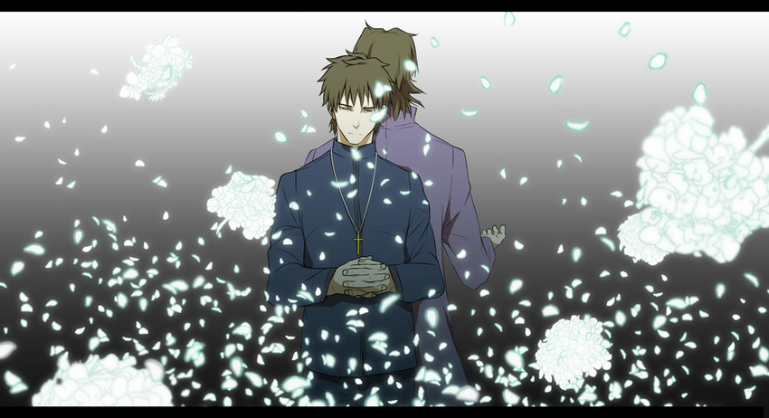 back-to-back brown_eyes brown_hair cross cross_necklace dual_persona fate/stay_night fate/zero fate_(series) flower jewelry kotomine_kirei letterboxed multiple_boys necklace petals sake_(kadai) younger