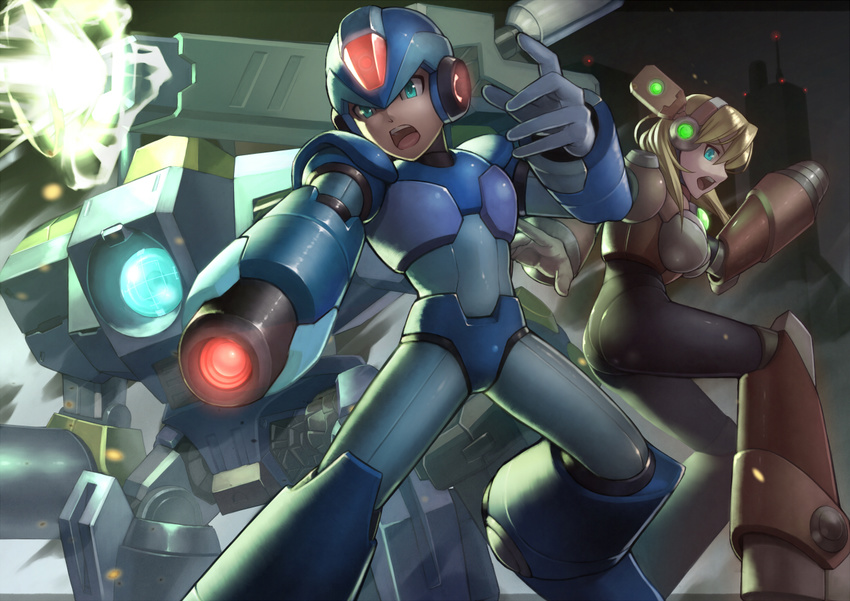 1girl alia_(rockman) android arm_cannon armor blonde_hair blue_eyes boots breasts cannon city helmet knee_boots long_hair medium_breasts night open_mouth robot rockman rockman_x tkln weapon x_(rockman)