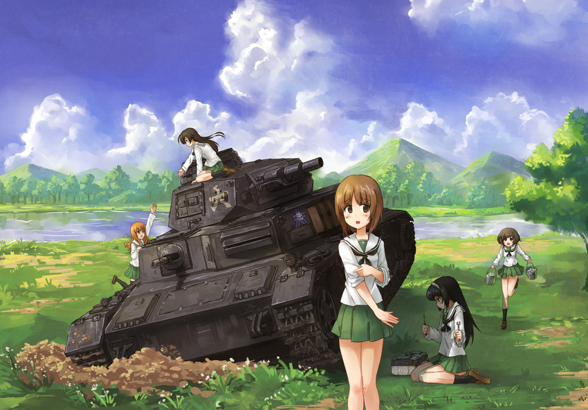 :d :o absurdres akiyama_yukari arm_up bangs black_hair black_legwear blouse blush border brown_eyes brown_footwear brown_hair bucket caterpillar_tracks cloud cloudy_sky day emblem forest girls_und_panzer grass green_skirt ground_vehicle hairband highres holding isuzu_hana kneeling leg_up loafers long_hair long_sleeves looking_at_viewer military military_vehicle miniskirt motor_vehicle mountain multiple_girls nature neckerchief nishizumi_miho on_ground on_vehicle ooarai_(emblem) ooarai_school_uniform open_mouth orange_hair outdoors panzerkampfwagen_iv pleated_skirt reizei_mako road running school_uniform screwdriver serafuku shade shoes short_hair sitting skirt sky sleeves_rolled_up smile socks standing stuck takebe_saori tank thighhighs toolbox tools tree wariza white_blouse wrench yinzhai